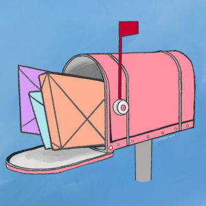 illustration of a pink mailbox with letters and a package